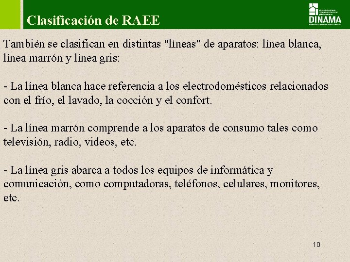 Clasificación de RAEE También se clasifican en distintas "líneas" de aparatos: línea blanca, línea