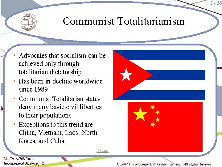 2 - 36 Communist Totalitarianism • Advocates that socialism can be achieved only through
