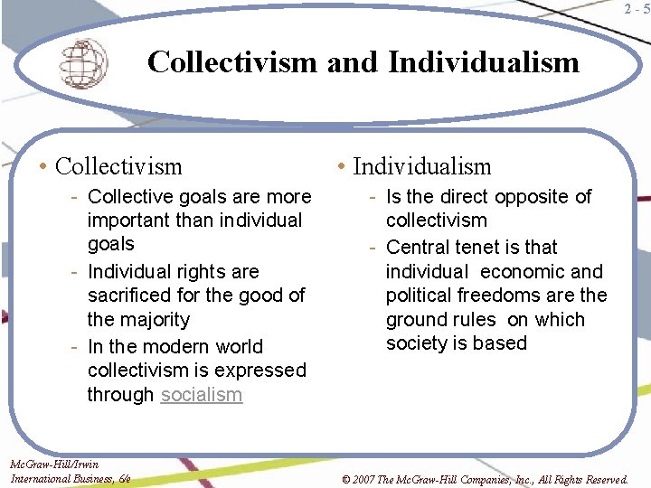 2 -5 Collectivism and Individualism • Collectivism - Collective goals are more important than