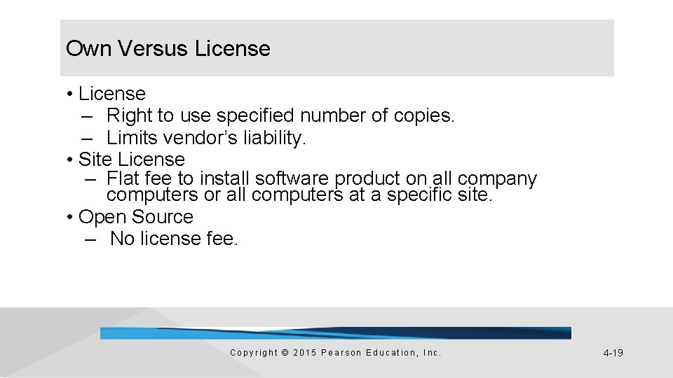 Own Versus License • License – Right to use specified number of copies. –