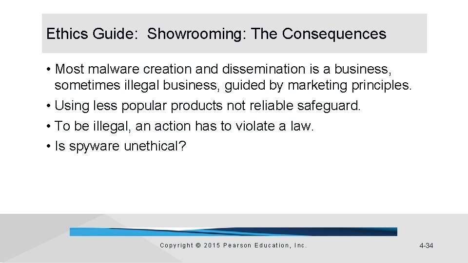 Ethics Guide: Showrooming: The Consequences • Most malware creation and dissemination is a business,
