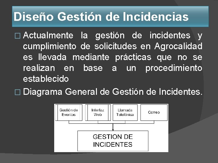 Diseño Gestión de Incidencias � Actualmente la gestión de incidentes y cumplimiento de solicitudes Diseño Gestión de Incidencias � Actualmente la gestión de incidentes y cumplimiento de solicitudes
