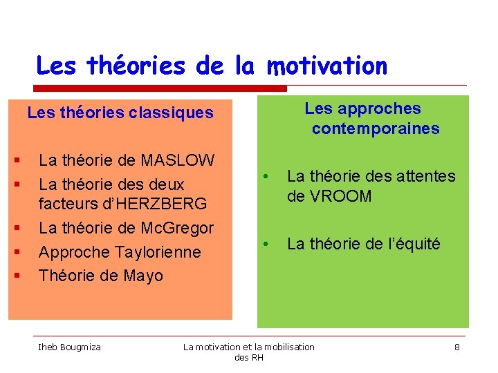 Les théories de la motivation Les approches contemporaines Les théories classiques § § §