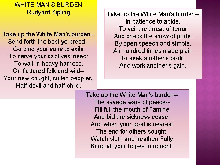 WHITE MAN’S BURDEN Rudyard Kipling Take up the White Man's burden-Send forth the best