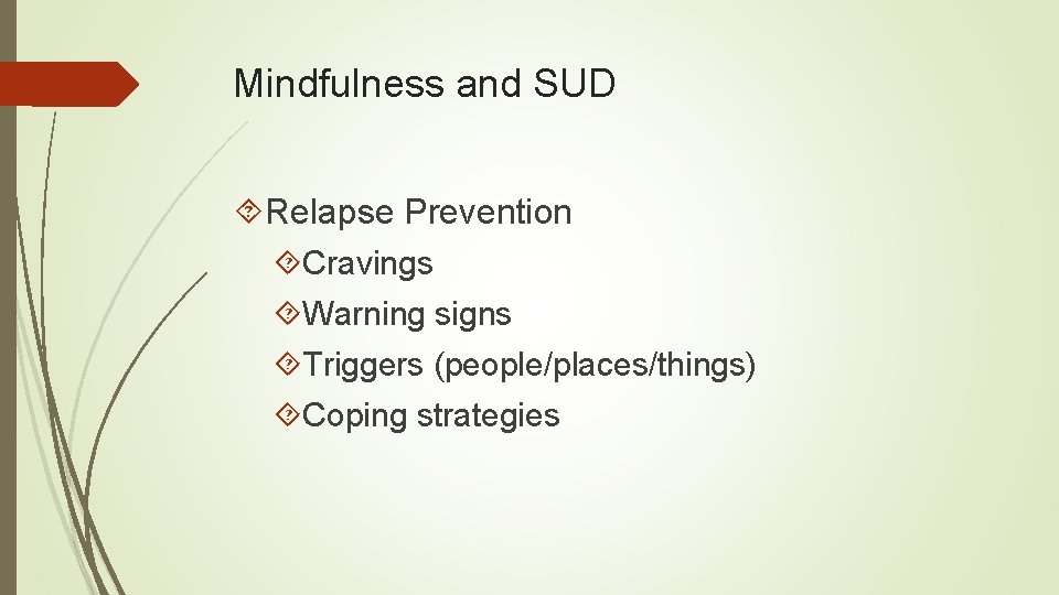 Mindfulness and SUD Relapse Prevention Cravings Warning signs Triggers (people/places/things) Coping strategies 