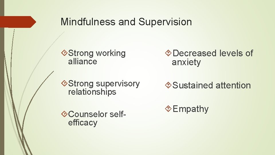 Mindfulness and Supervision Strong working alliance Decreased levels of anxiety Strong supervisory relationships Sustained