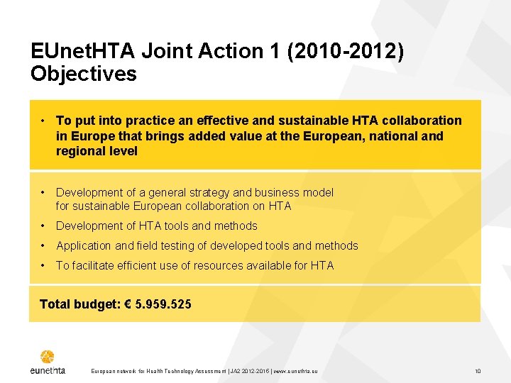 EUnet. HTA Joint Action 1 (2010 -2012) Objectives • To put into practice an