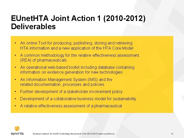 EUnet. HTA Joint Action 1 (2010 -2012) Deliverables • An online Tool for producing,