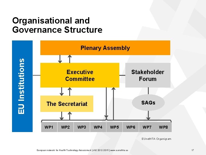 Organisational and Governance Structure EU Institutions Plenary Assembly Executive Committee Stakeholder Forum SAGs The