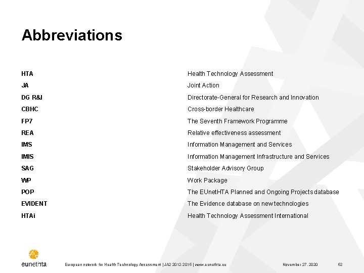 Abbreviations HTA Health Technology Assessment JA Joint Action DG R&I Directorate General for Research