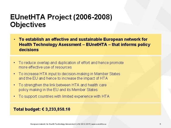 EUnet. HTA Project (2006 -2008) Objectives • To establish an effective and sustainable European
