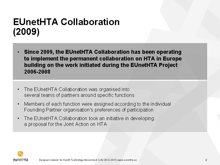 EUnet. HTA Collaboration (2009) • Since 2009, the EUnet. HTA Collaboration has been operating