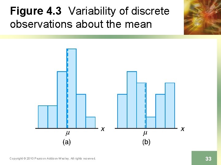 Figure 4. 3 Variability of discrete observations about the mean Copyright © 2010 Pearson Figure 4. 3 Variability of discrete observations about the mean Copyright © 2010 Pearson