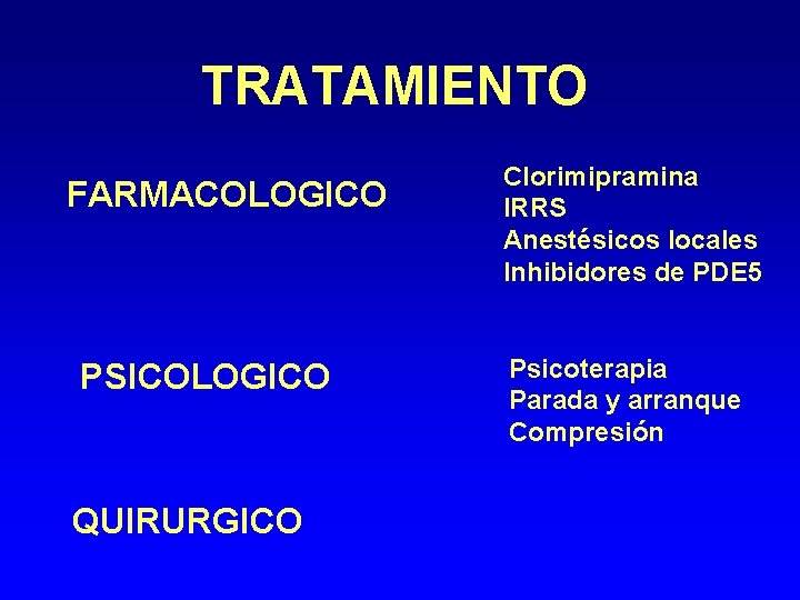 TRATAMIENTO FARMACOLOGICO PSICOLOGICO QUIRURGICO Clorimipramina IRRS Anestésicos locales Inhibidores de PDE 5 Psicoterapia Parada