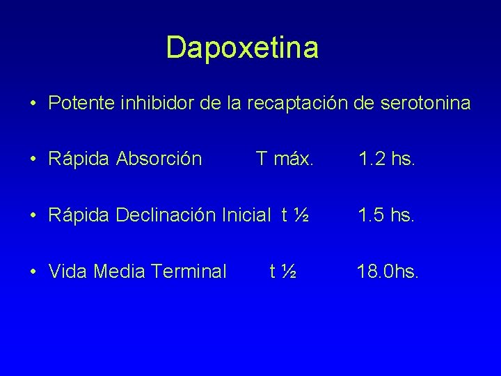 Dapoxetina • Potente inhibidor de la recaptación de serotonina • Rápida Absorción T máx.