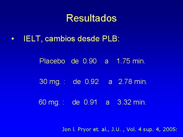 Resultados • IELT, cambios desde PLB: Placebo de 0. 90 30 mg. : de