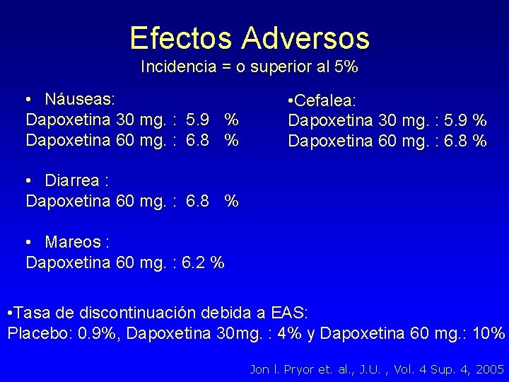 Efectos Adversos Incidencia = o superior al 5% • Náuseas: Dapoxetina 30 mg. :