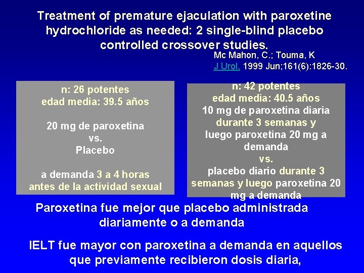 Treatment of premature ejaculation with paroxetine hydrochloride as needed: 2 single-blind placebo controlled crossover