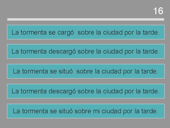 16 La tormenta se cargó sobre la ciudad por la tarde. La tormenta descargó 16 La tormenta se cargó sobre la ciudad por la tarde. La tormenta descargó