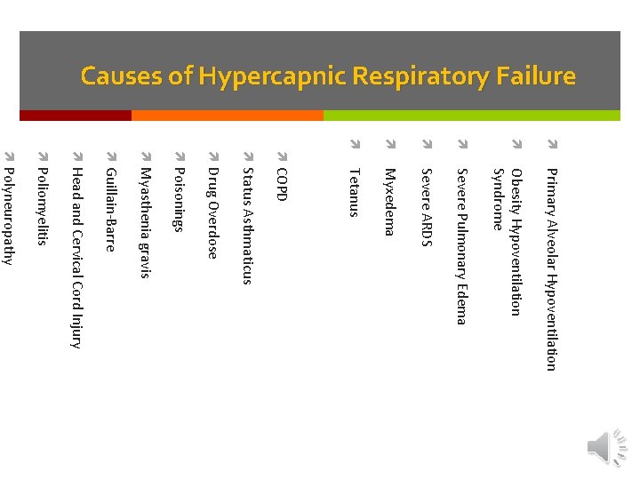 Causes of Hypercapnic Respiratory Failure Tetanus Myxedema Severe ARDS Severe Pulmonary Edema Obesity Hypoventilation