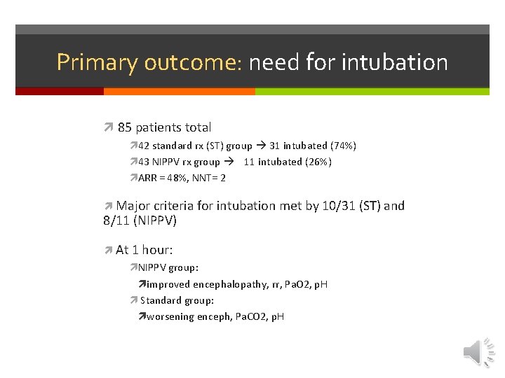 Primary outcome: need for intubation 85 patients total 42 standard rx (ST) group 31