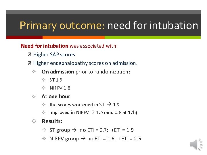 Primary outcome: need for intubation Need for intubation was associated with: Higher SAP scores