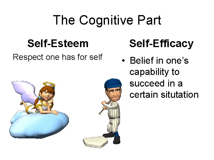 The Cognitive Part Self-Esteem Self-Efficacy Respect one has for self • Belief in one’s