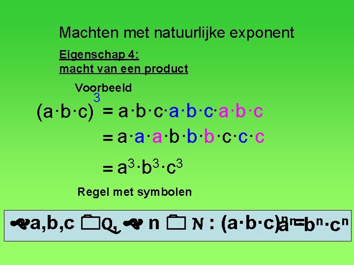 Machten met natuurlijke exponent Eigenschap 4: macht van een product Voorbeeld 3 (a·b·c) =