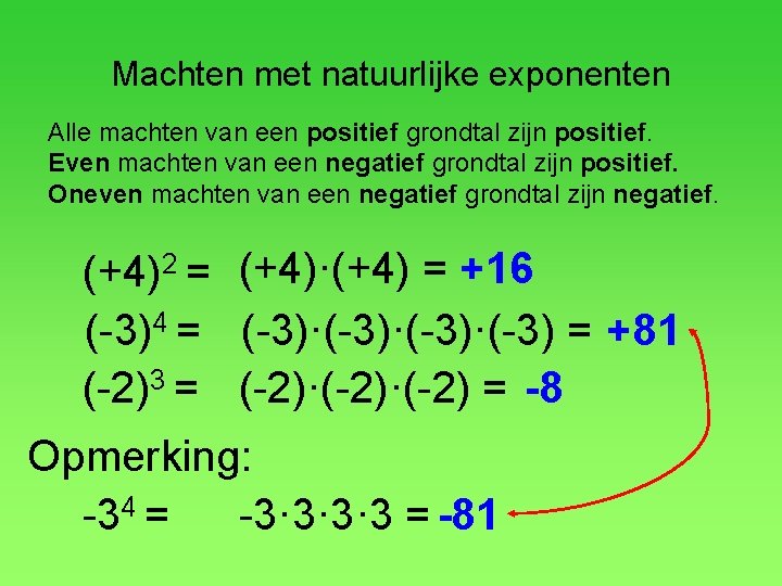 Machten met natuurlijke exponenten Alle machten van een positief grondtal zijn positief. Even machten