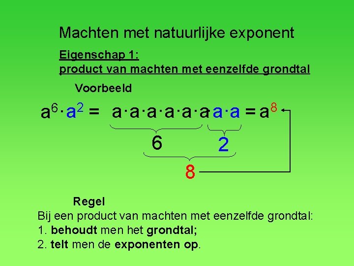 Machten met natuurlijke exponent Eigenschap 1: product van machten met eenzelfde grondtal Voorbeeld 2