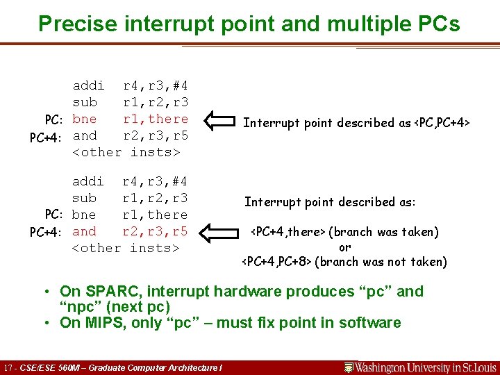 Precise interrupt point and multiple PCs addi r 4, r 3, #4 sub r