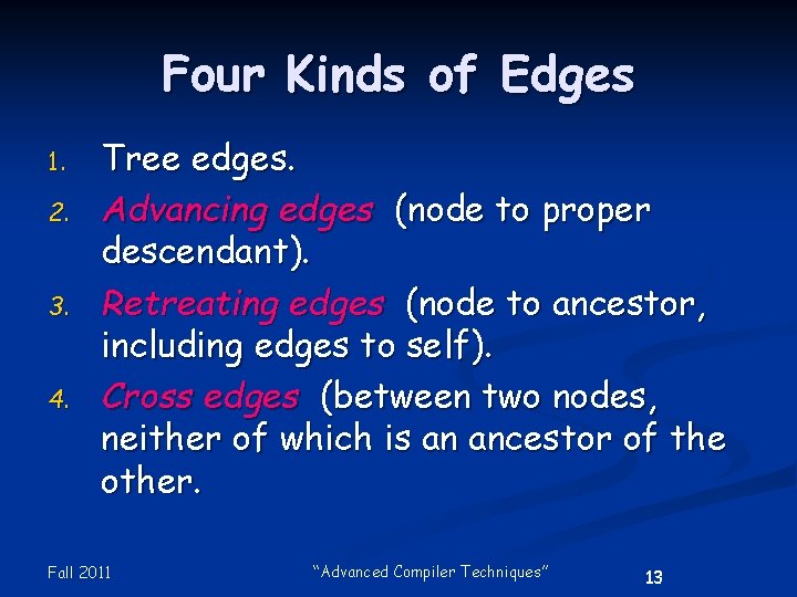 Four Kinds of Edges 1. 2. 3. 4. Tree edges. Advancing edges (node to