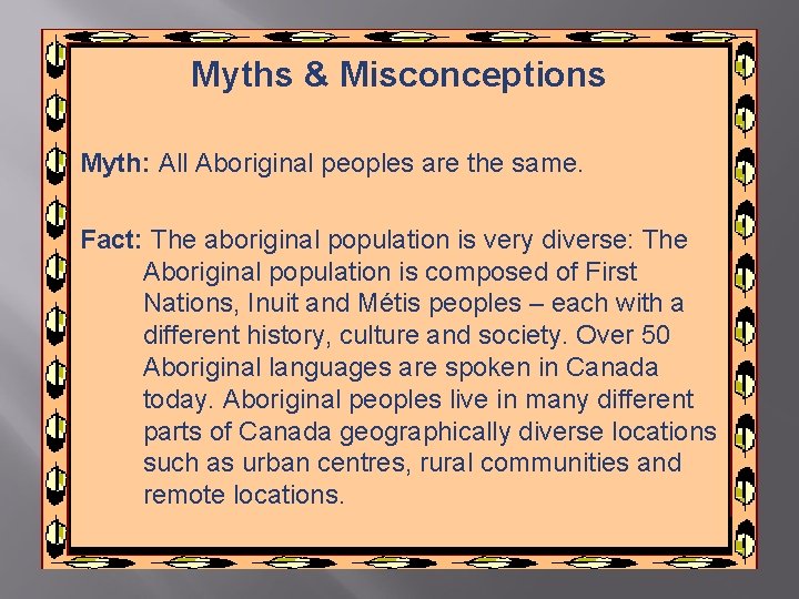 Myths & Misconceptions Myth: All Aboriginal peoples are the same. Fact: The aboriginal population Myths & Misconceptions Myth: All Aboriginal peoples are the same. Fact: The aboriginal population