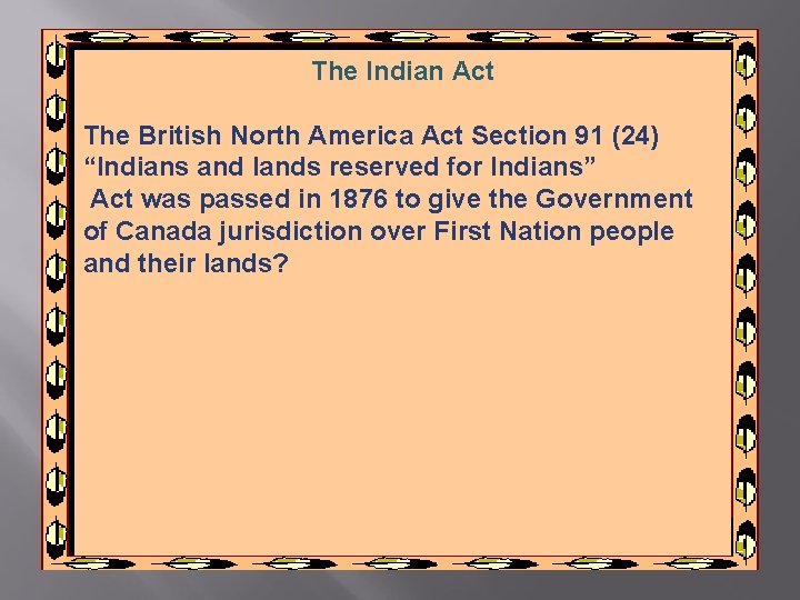 The Indian Act The British North America Act Section 91 (24) “Indians and lands The Indian Act The British North America Act Section 91 (24) “Indians and lands