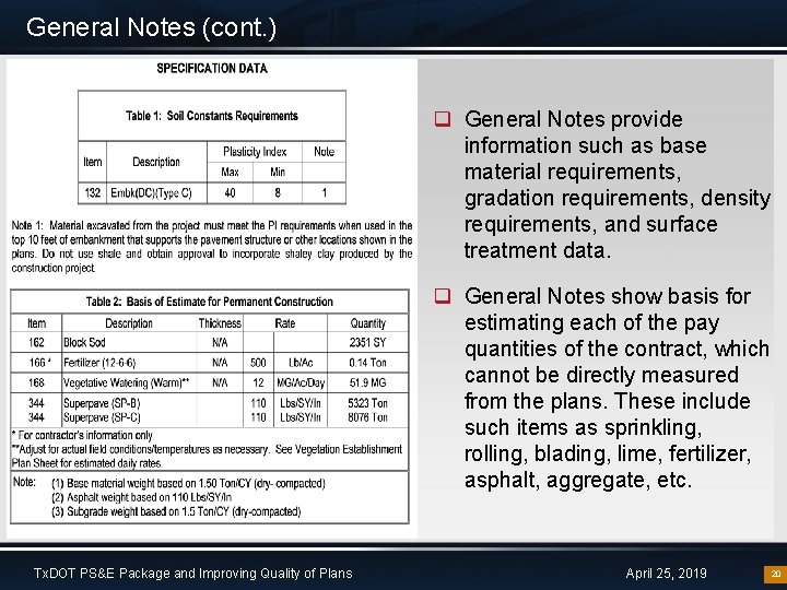 General Notes (cont. ) q General Notes provide information such as base material requirements,