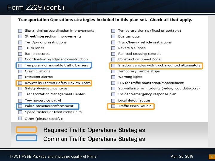 Form 2229 (cont. ) Required Traffic Operations Strategies Common Traffic Operations Strategies Tx. DOT