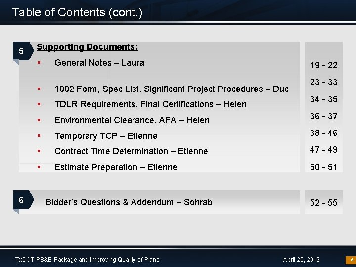 Table of Contents (cont. ) 5 6 Supporting Documents: § General Notes – Laura