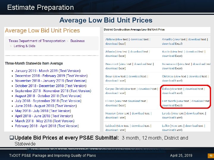 Estimate Preparation Average Low Bid Unit Prices q Update Bid Prices at every PS&E