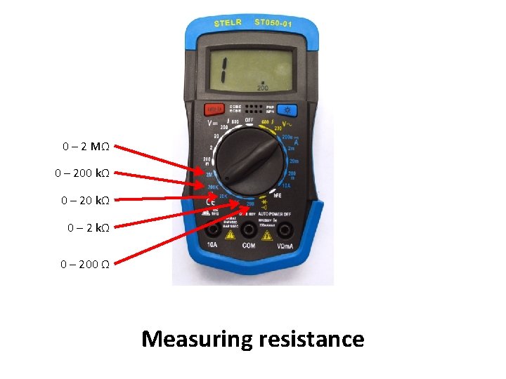 0 – 2 MΩ 0 – 200 kΩ 0 – 200 Ω Measuring resistance