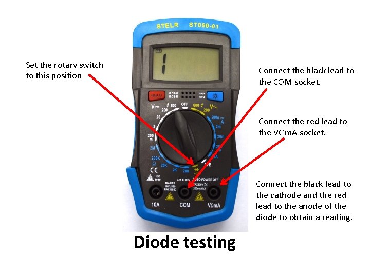 Set the rotary switch to this position Connect the black lead to the COM