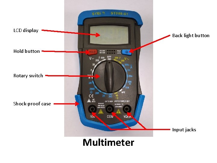 LCD display Back light button Hold button Rotary switch Shock-proof case Input jacks Multimeter