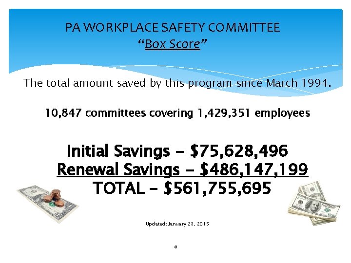 PA WORKPLACE SAFETY COMMITTEE “Box Score” The total amount saved by this program since