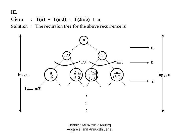 III. Given : T(n) = T(n/3) + T(2 n/3) + n Solution : The