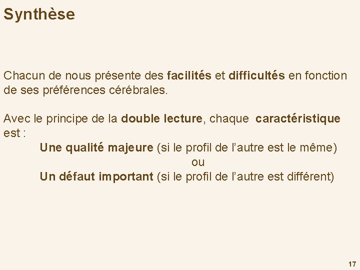 Synthèse Chacun de nous présente des facilités et difficultés en fonction de ses préférences