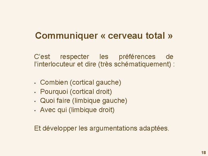 Communiquer « cerveau total » C’est respecter les préférences de l’interlocuteur et dire (très