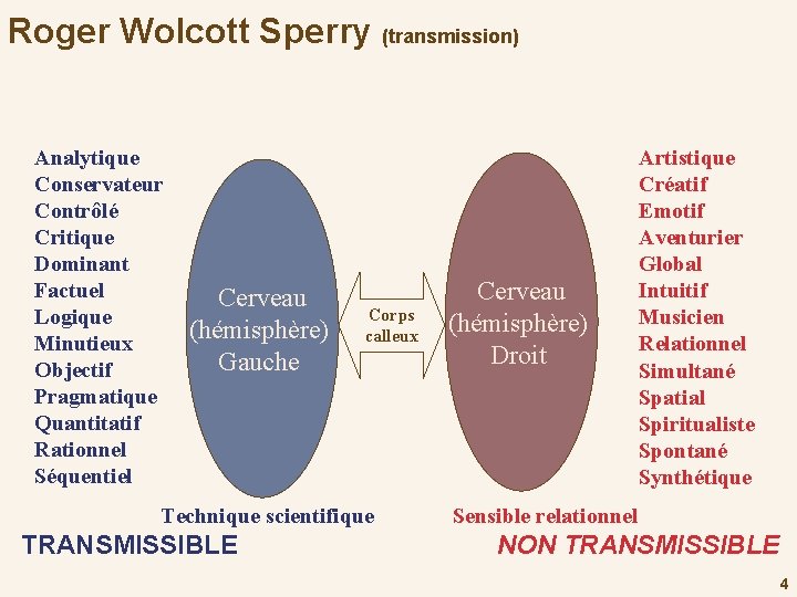 Roger Wolcott Sperry (transmission) Analytique Conservateur Contrôlé Critique Dominant Factuel Logique Minutieux Objectif Pragmatique