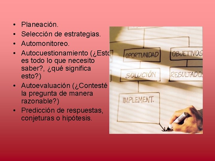  • • Planeación. Selección de estrategias. Automonitoreo. Autocuestionamiento (¿Esto es todo lo que