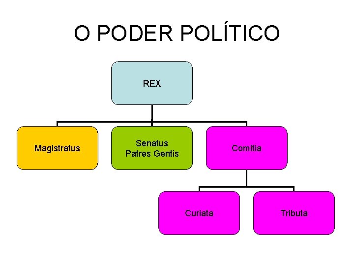 O PODER POLÍTICO REX Magistratus Senatus Patres Gentis Comitia Curiata Tributa 