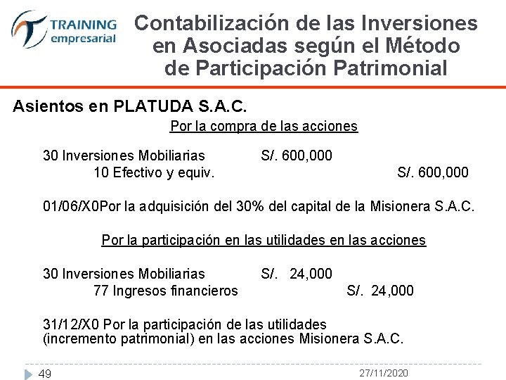 Contabilización de las Inversiones en Asociadas según el Método de Participación Patrimonial Asientos en