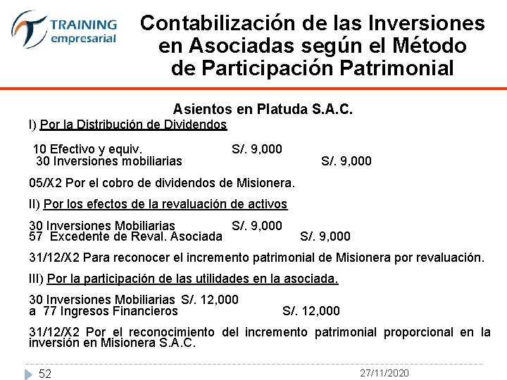Contabilización de las Inversiones en Asociadas según el Método de Participación Patrimonial Asientos en